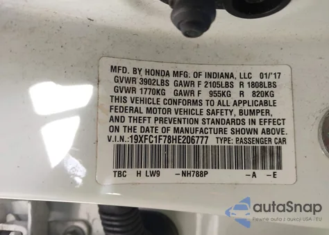 2017 Honda Civic Ex-L from USA, damaged, VIN 19XFC1F78HE206777